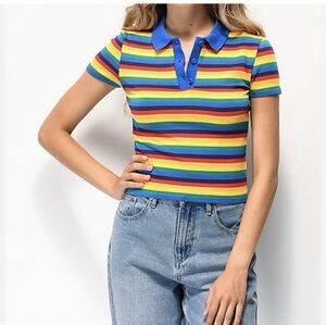 Vintage Multi Color stripe Crop polo, Chucky, Rainbow Brite, 80s woman's size L